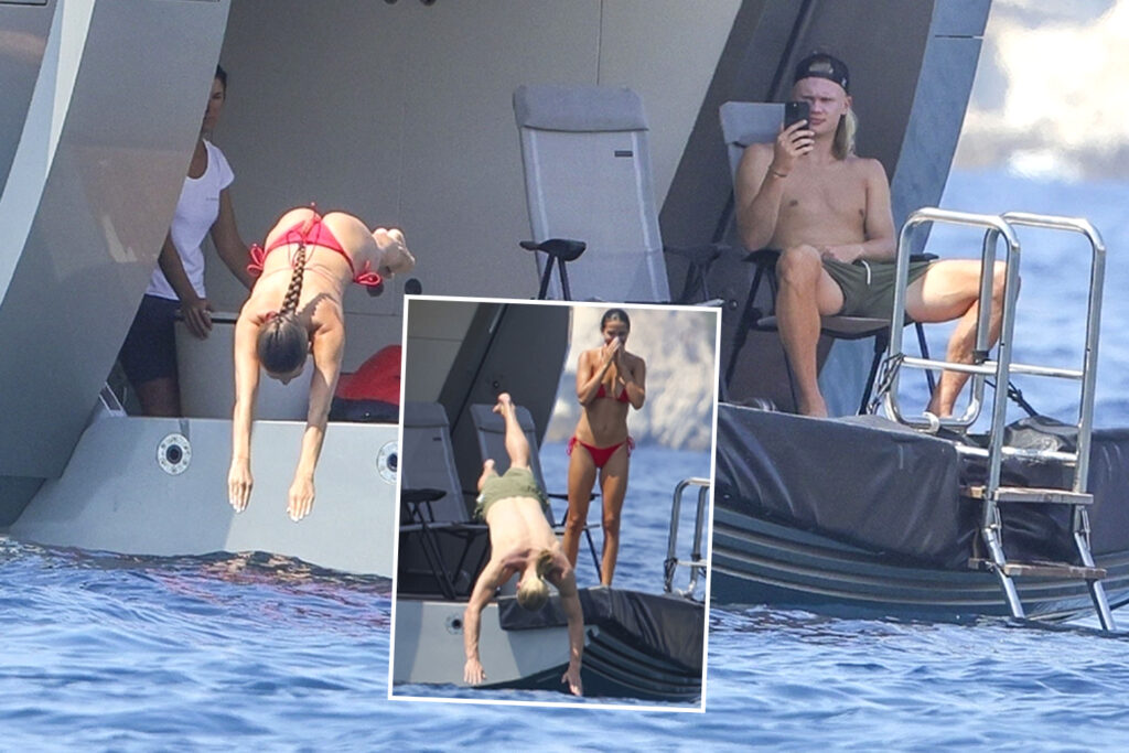 Erling Haaland finally enjoys delayed holiday as Man City star dives off yacht with glamorous bikini-clad girlfriend