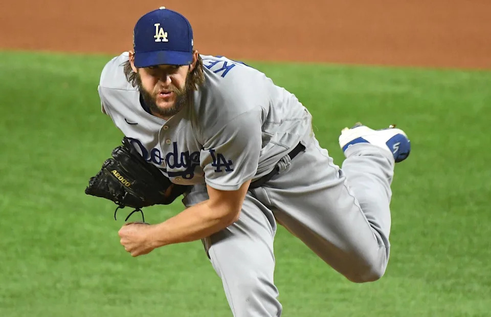 Clayton Kershaw throws a pitch against the Rays in the sixth inning in Game 5 of the World Series.