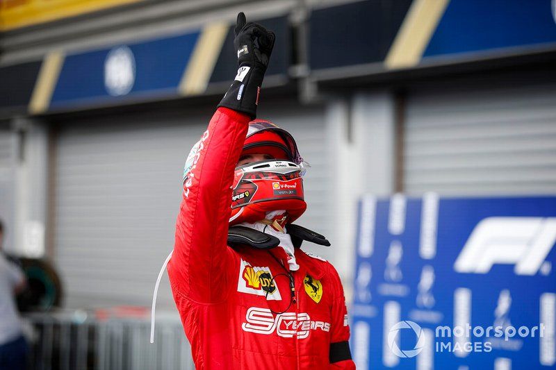 Charles Leclerc, Ferrari, 1st position, celebrates on arrival in Parc Ferme