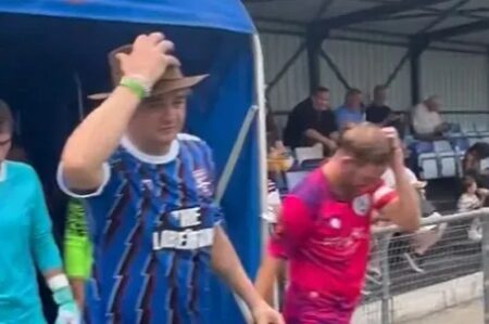 Iconic music star, 46, captains non-league side and takes kick-off before being subbed within minutes