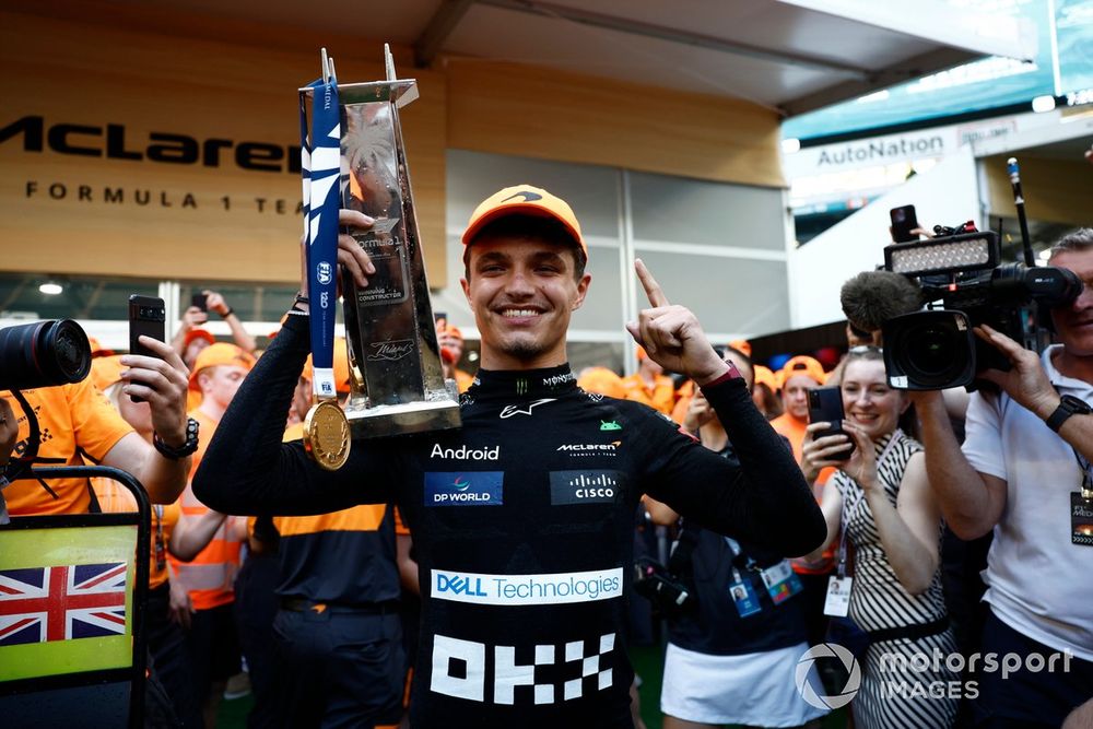 Lando Norris, McLaren F1 Team, 1st position, celebrates with his trophy