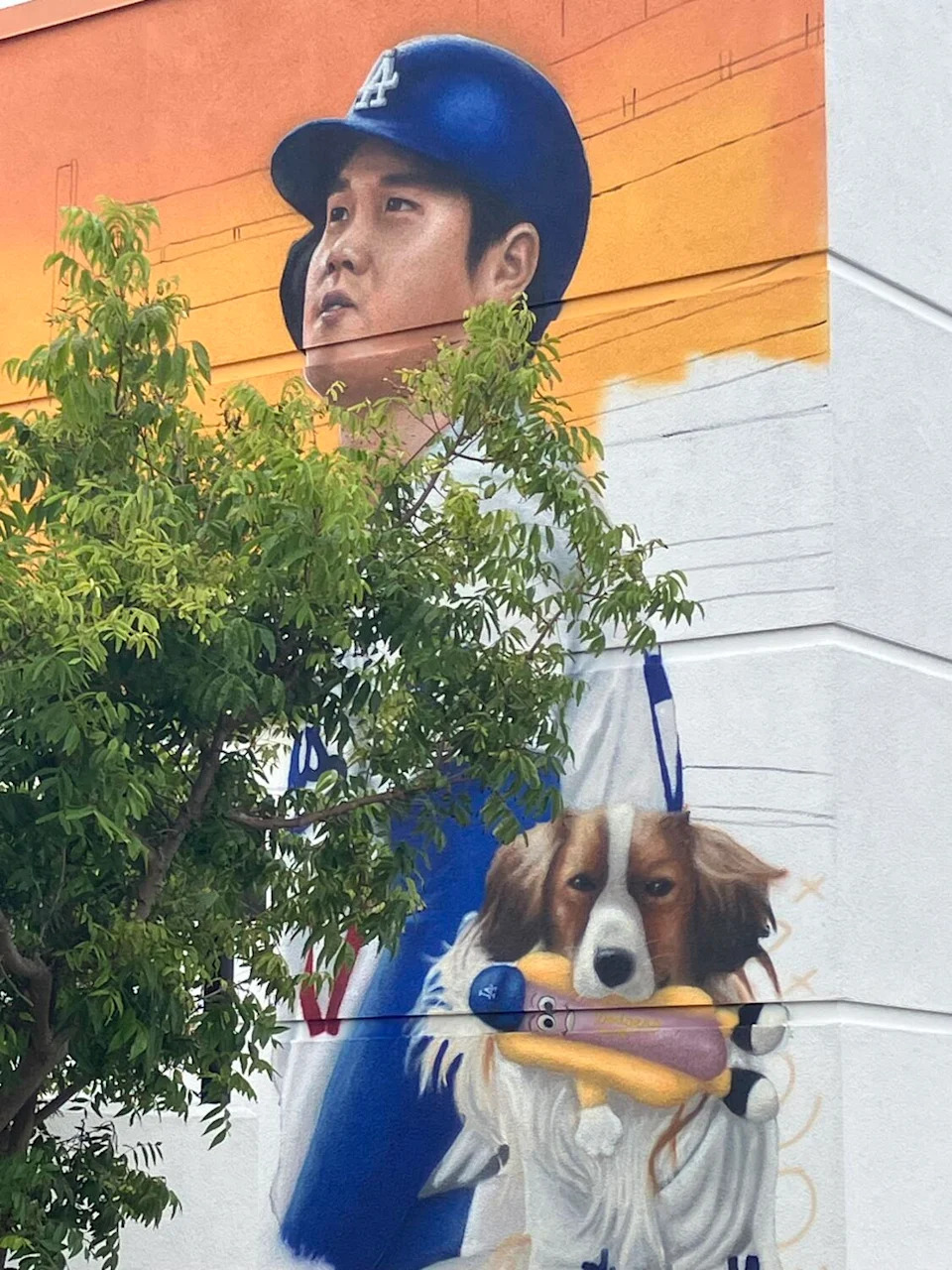 Shohei Ohtani and his dog Decoy are painted on a wall with a tree slightly blocking the view