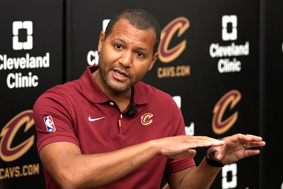 FILE - Koby Altman, president of basketball operations for the Cleveland Cavaliers, answers a question at a news conference in Independence, Ohio, Friday, May 24, 2024. (AP Photo/Sue Ogrocki, File)