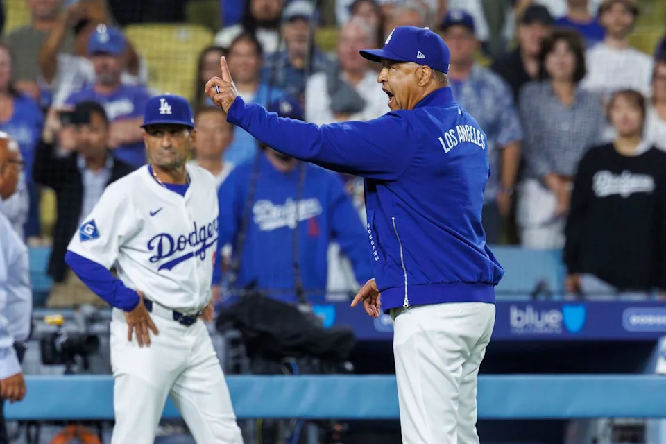 Dodgers manager Dave Roberts yells at Padres manager Mike Shildt after benches clear in the ninth inning of a June 19 game.