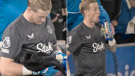 Jordan Pickford appears to get nasty surprise from penalty cheat sheet as Everton star takes long look at water bottle