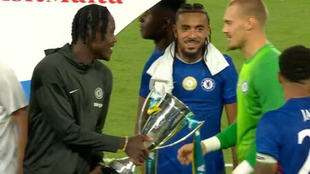 Chelsea star Jorgenson pranks team-mate on live TV after Bayer Leverkusen clash as Cole Palmer refuses to hold trophy