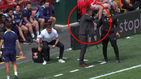 Premier League cult hero, 40, charges onto touchline to berate EFL fourth official despite not being on coaching staff