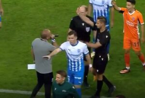 Never-before-seen moment stadium announcer gets given red card in Conference League clash