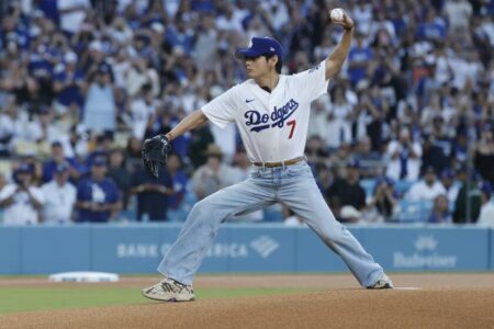 V of BTS gets his Dodgers fanboy on with Shohei Ohtani while throwing a strike of his own