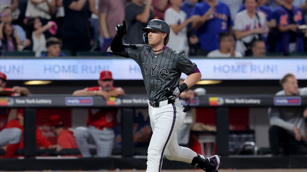 New York Mets third baseman Brett Baty (7) rounds the bases after hitting a two run home run against the Los Angeles Angels during the fourth inning at Citi Field.