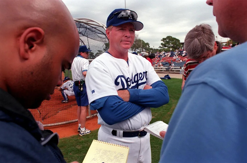 Dodgers manager Bill Russell being interviewed during spring training at Dodgertown in Vero Beach, Florida.