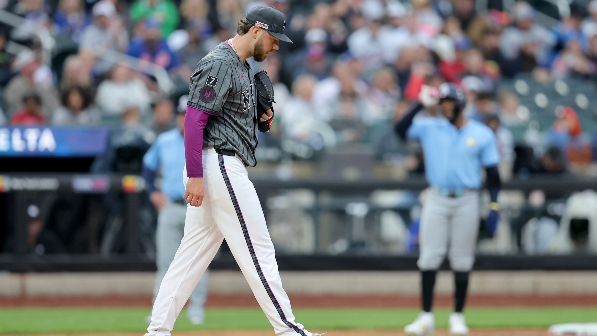 Jun 14, 2025; New York City, New York, USA; New York Mets starting pitcher Tylor Megill (38) reacts during the fourth inning against the Tampa Bay Rays at Citi Field. 
