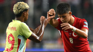 Fiery moment Real Madrid wonderkid Arda Guler shoves Barcelona rival Lamine Yamal during Spain’s demolition of Turkey