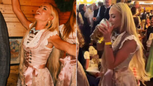 Glamorous footballer Alisha Lehmann downs huge stein as she celebrates Oktoberfest in traditional outfit
