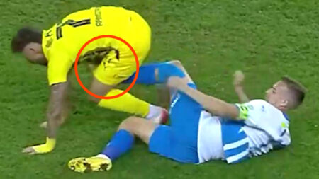 Shocking moment footballer kicks rival in privates then is immediately sent off