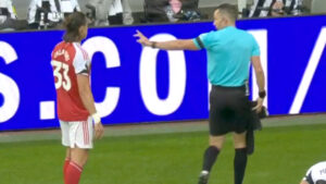 ‘Might be the funniest rule ever’ say fans as Arsenal star Riccardo Calafiori has TOWEL snatched off him by referee