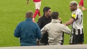 Arsenal coach held back by Mikel Arteta after heated confrontation with Newcastle star at final whistle