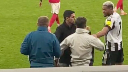 Arsenal coach held back by Mikel Arteta after heated confrontation with Newcastle star at final whistle