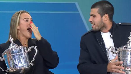 US Open champion Aryna Sabalenka nearly makes Carlos Alcaraz WALK OUT of live TV interview with awkward blunder
