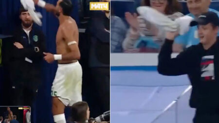 Fuming footie star throws shirt at fan after being sent off – then has to beg for it back as VAR intervenes
