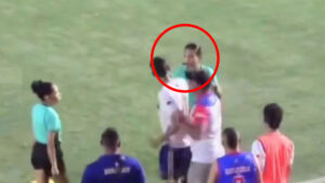 Shocking moment footballer SLAPS female referee after he’s sent off before official is restrained by club chiefs