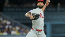 Sep 16, 2025; Los Angeles, California, USA; Philadelphia Phillies starting pitcher Cristopher Sanchez (61) delivers a pitch during the second inning against the Los Angeles Dodgers at Dodger Stadium. Mandatory Credit: Jayne Kamin-Oncea-Imagn Images