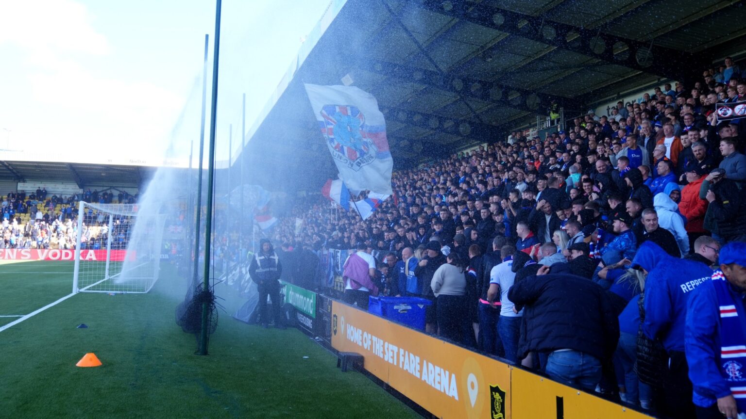 Moment unsuspecting Rangers fans get absolutely SOAKED by sprinkler before Premiership clash against Livingston