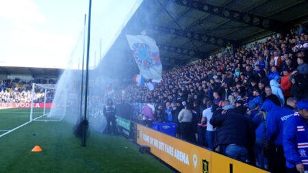 Moment unsuspecting Rangers fans get absolutely SOAKED by sprinkler before Premiership clash against Livingston