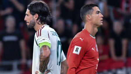 Awkward moment Cristiano Ronaldo has to tell Dominik Szoboszlai he can’t have his shirt despite getting Liverpool star’s