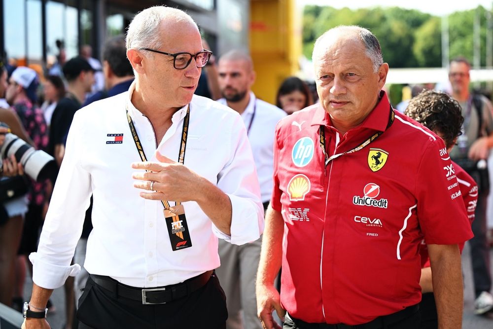 MONZA, ITALY - SEPTEMBER 05: Stefano Domenicali, CEO of the Formula One Group and Frederic Vasseur, Team Principal of Scuderia Ferrari in the Paddock prior to practice ahead of the F1 Grand Prix of Italy at Autodromo Nazionale Monza on September 05, 2025 in Monza, Italy. (Photo by Sam Bagnall/Sutton Images)