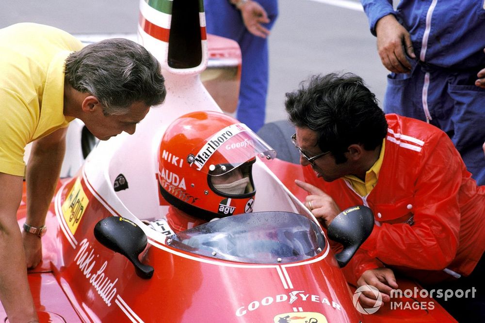 Niki Lauda, Ferrari 312T, Mauro Forghieri (ITA) Ferrari Designer
