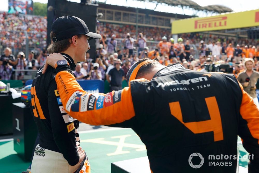 Oscar Piastri, McLaren F1 Team, 1st position, Lando Norris, McLaren F1 Team, 2nd position, celebrate on arrival in Parc Ferme