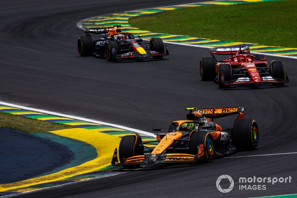 Lando Norris, McLaren MCL38, leads Charles Leclerc, Ferrari SF-24, and Max Verstappen, Red Bull Racing RB20