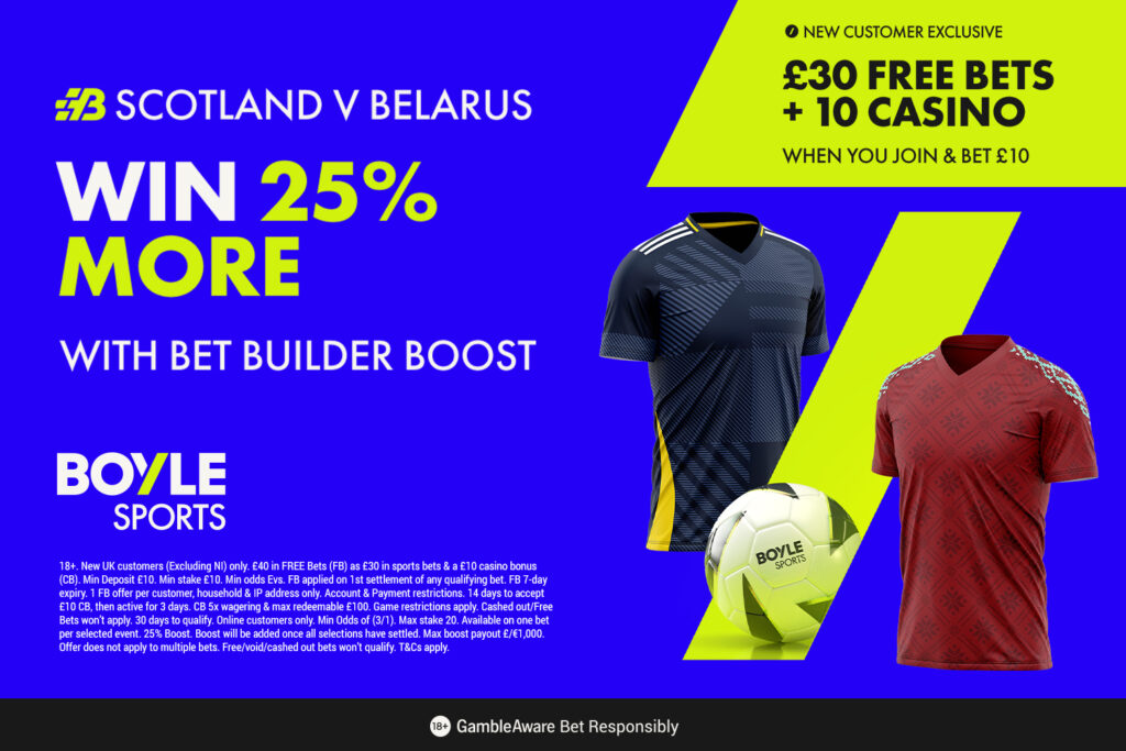 Scotland vs Belarus: Get £40 in free bets with BOYLE Sports, plus 25% boost on your winnings
