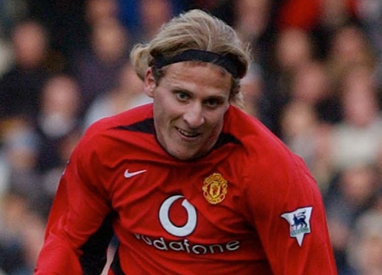 Man United substitute Diego Forlan on the field during an FA Barclaycard premiership match.