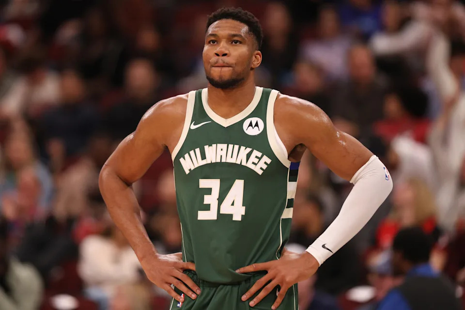 CHICAGO, ILLINOIS - OCTOBER 12: Giannis Antetokounmpo #34 of the Milwaukee Bucks looks on during the second half against the Chicago Bulls at the United Center on October 12, 2025 in Chicago, Illinois. NOTE TO USER: User expressly acknowledges and agrees that, by downloading and/or using this Photograph, user is consenting to the terms and conditions of the Getty Images License Agreement. (Photo by Jayden Mack/Getty Images)
