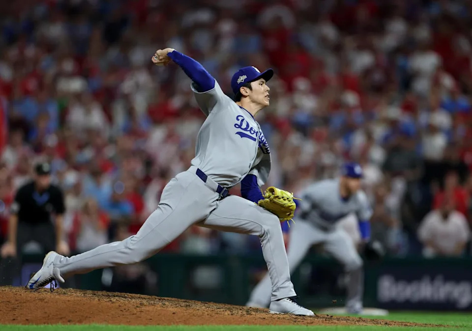 Dodgers pitcher Roki Sasaki delivers in the ninth inning against the Phillies on Monday in Game 2 of the NLDS.