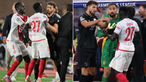 Tempers flare as brawl breaks out and red card shown in controversial ending to Monaco vs Man City in Champions League