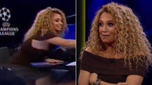Kate Scott suffers embarrassing wardrobe malfunction live on CBS Sports and shows off cat-like reflexes to save dignity