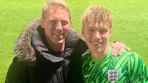 Proud dad Lewis Moody watches son Dylan save penalty for England Under-18s just days after revealing MND diagnosis