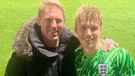 Proud dad Lewis Moody watches son Dylan save penalty for England Under-18s just days after revealing MND diagnosis