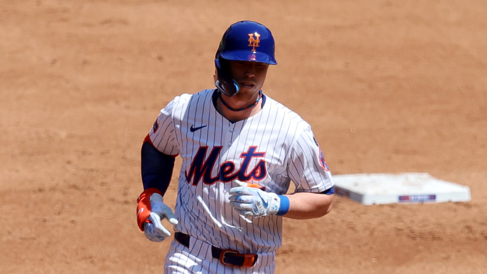 New York City, New York, USA; New York Mets second baseman Brett Baty (7) rounds the bases after hitting a two run home run against the Philadelphia Phillies during the second inning at Citi Field.