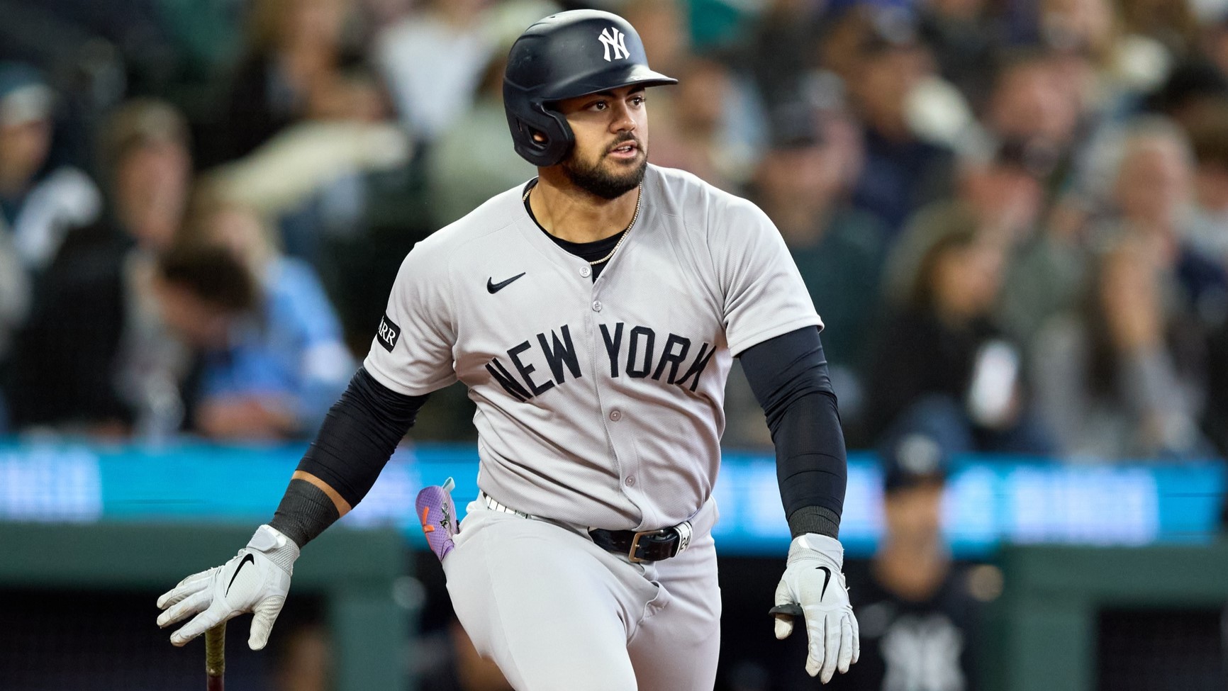 May 14, 2025; Seattle, Washington, USA; New York Yankees left fielder Jasson Dominguez (24) hits an RBI doube against the Seattle Mariners during the sixth inning at T-Mobile Park. 