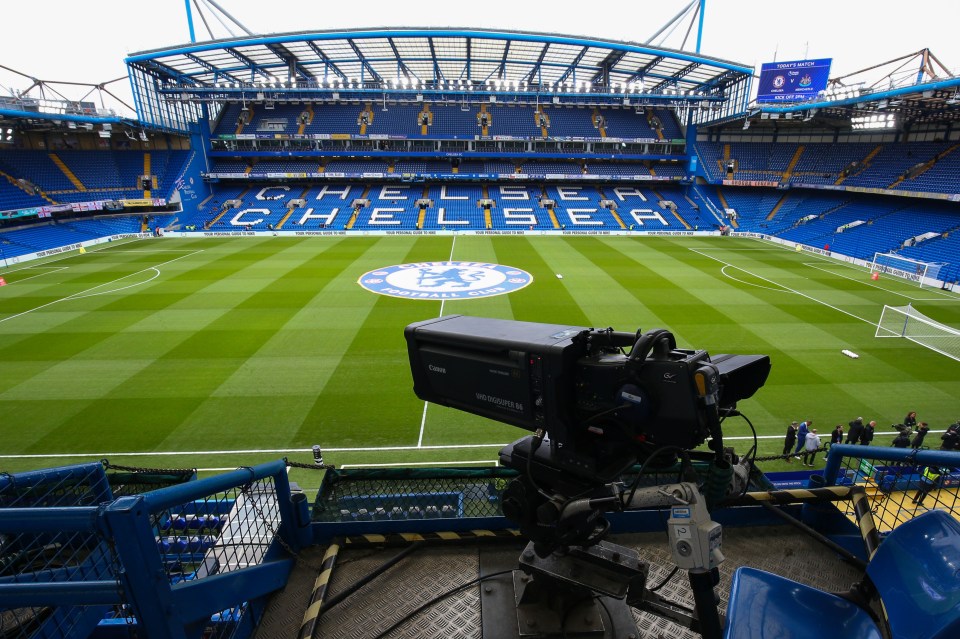 A TV camera positioned inside Stamford Bridge stadium ahead of a Chelsea vs Newcastle United match.