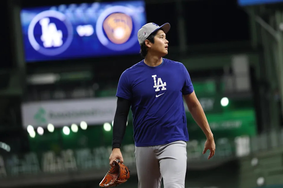 Shohei Ohtani works out at American Family Field in Milwaukee on Sunday.
