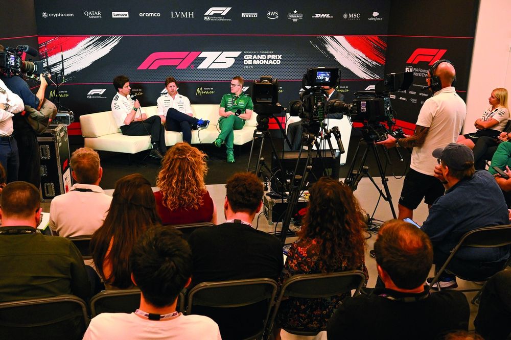 Toto Wolff, Executive Director of Mercedes AMG F1 Team James Vowles, Team Principal of Williams and Andy Cowell, Team Principal and Group CEO at Aston Martin F1 Team in the Team Principals Press Conference