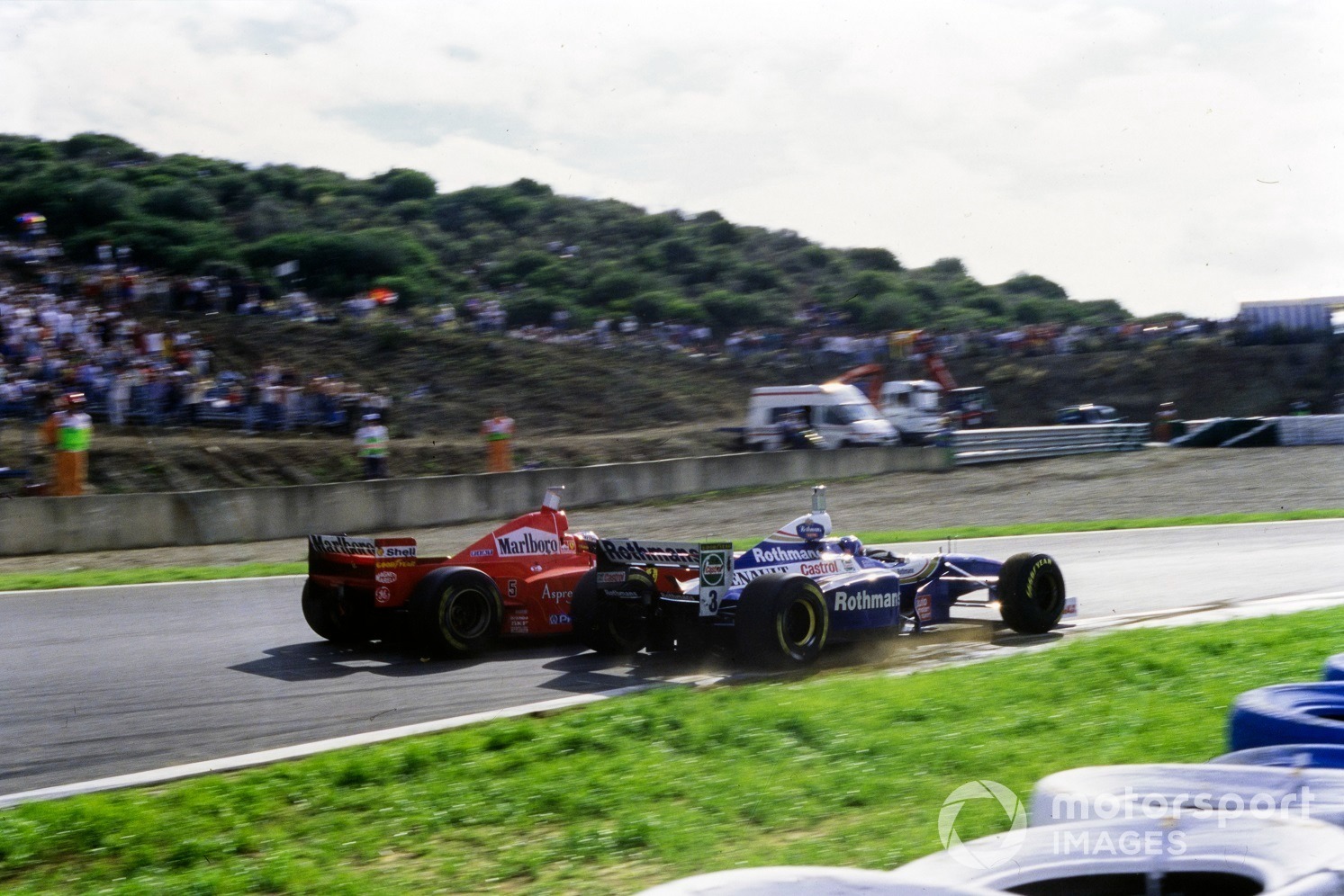The controversial collision between Michael Schumacher and Jacques Villeneuve at the 1997 European GP. Schumacher was judged to have deliberately turned in on his rival Villeneuve, and subsequently was excluded from the entire championship as a result