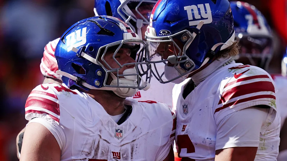 New York Giants running back Cam Skattebo (44) reacts after a play against the Denver Broncos during the second half at Empower Field at Mile High