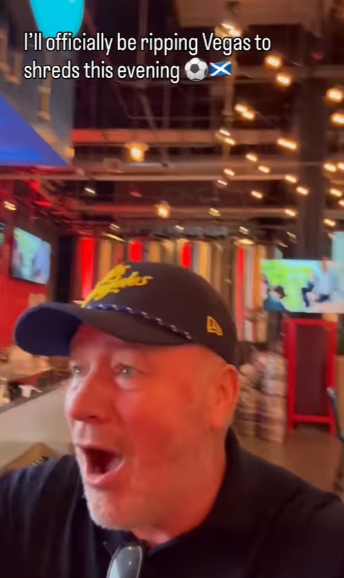 Man in a cap with an open mouth, captioned "I'll officially be ripping Vegas to shreds this evening" with a football and Scottish flag emoji.