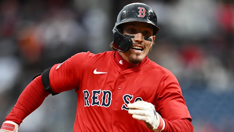 Boston Red Sox left fielder Jarren Duran (16) rounds the bases en route to a triple during the second inning against the Cleveland Guardians at Progressive Field